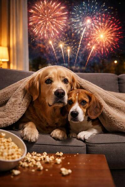cani sotto il tavolo spaventati dai fuochi pirotecnici