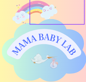 arcobaleno e cicogna con neonato dentro una nuvola azzurra e scritta mamma baby lab