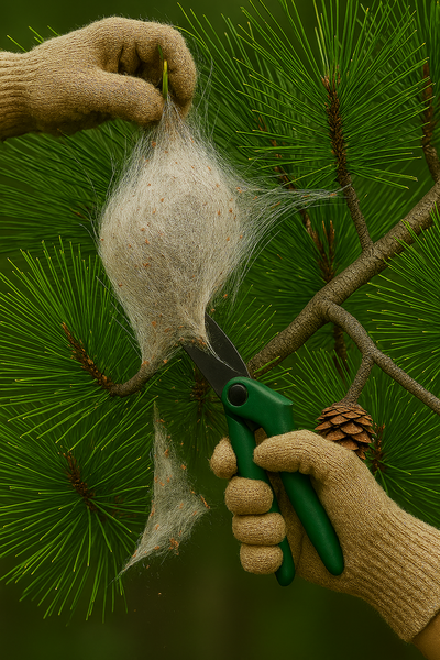 mano che taglia il nido della processionaria del pino