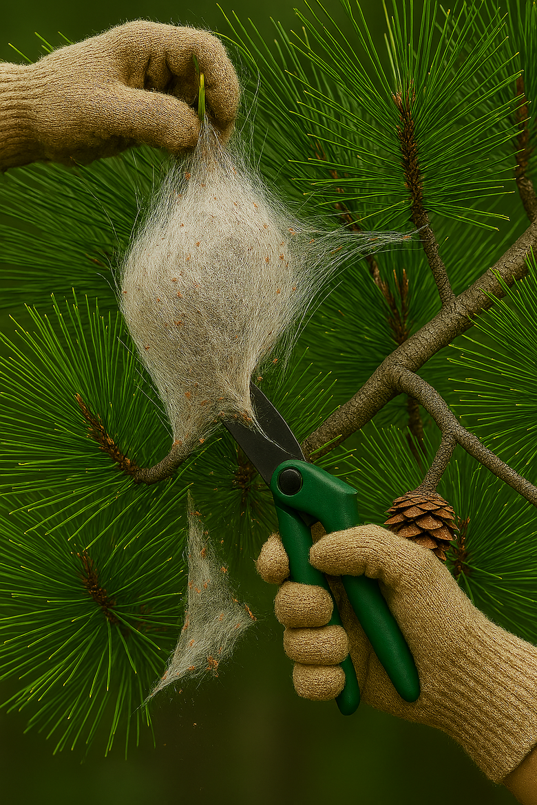 mano che taglia il nido della processionaria del pino