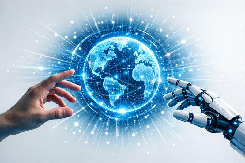 mano umana a sinistra e una mano robotica a destra che si protendono verso una sfera digitale luminosa che sembra una Terra olografica o un globo di dati